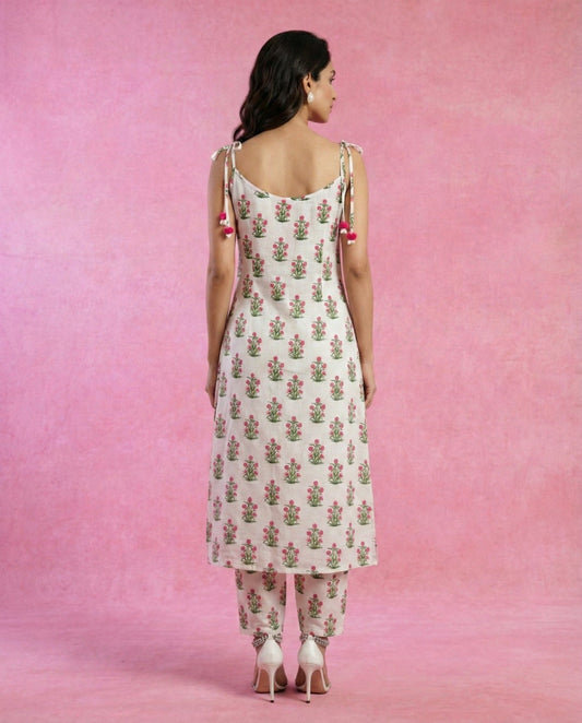 HOOR white cotton sleeveless kurta with pink floral sprig print by Neha Sharma Label.