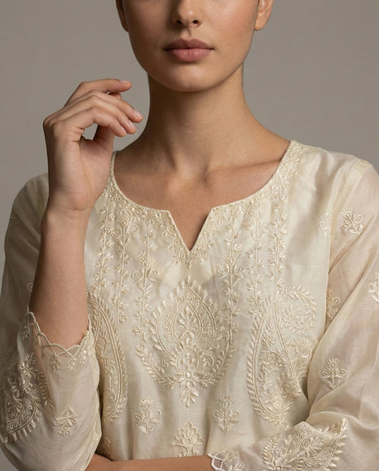 ALIZAH ivory sheer organza kurta with palazzo pants and dupatta by Neha Sharma Label.