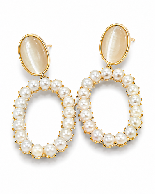 MEGHA gold-tone cabochon and pearl oval drop earrings by Neha Sharma Label, front view