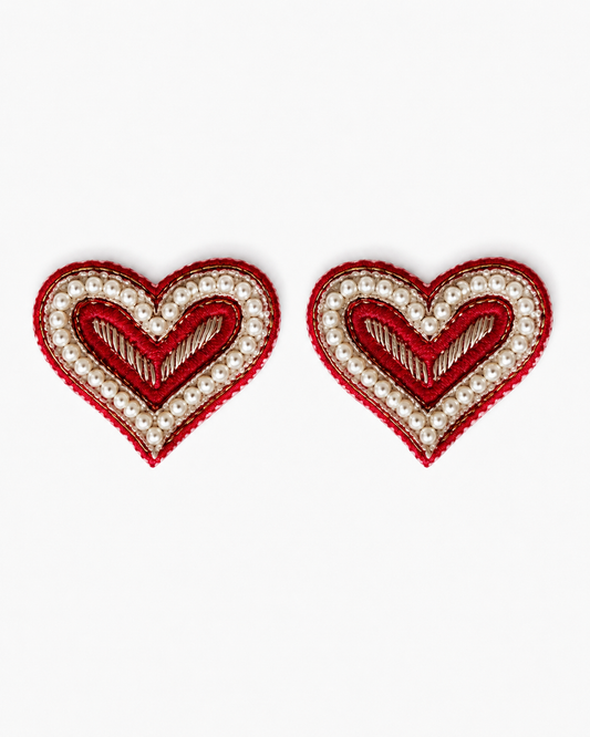 BONBON AMOUR - Embroidered Red Heart Stud Earrings