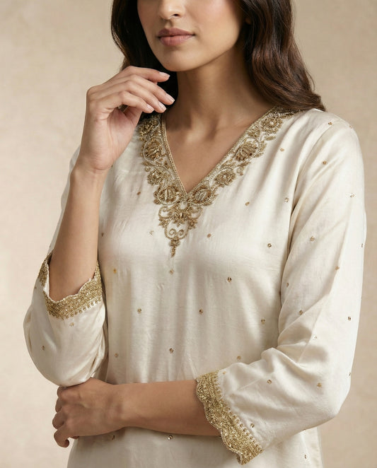 ANWARI ivory kurta with gold sitara butis and straight pants by Neha Sharma Label.