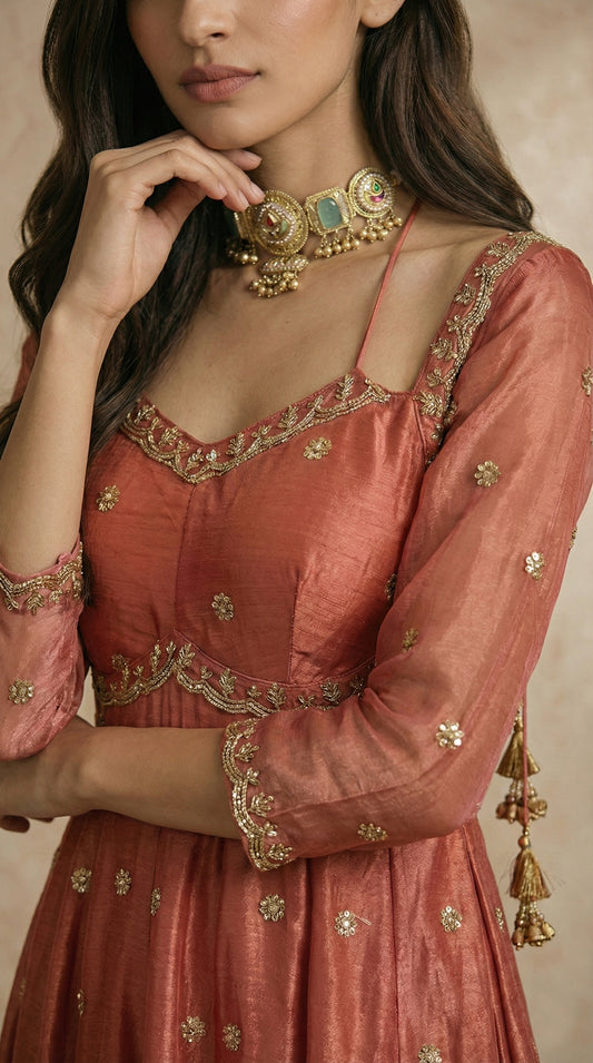 RUHANI dusty rose anarkali with gold embroidered sweetheart neckline by Neha Sharma Label.