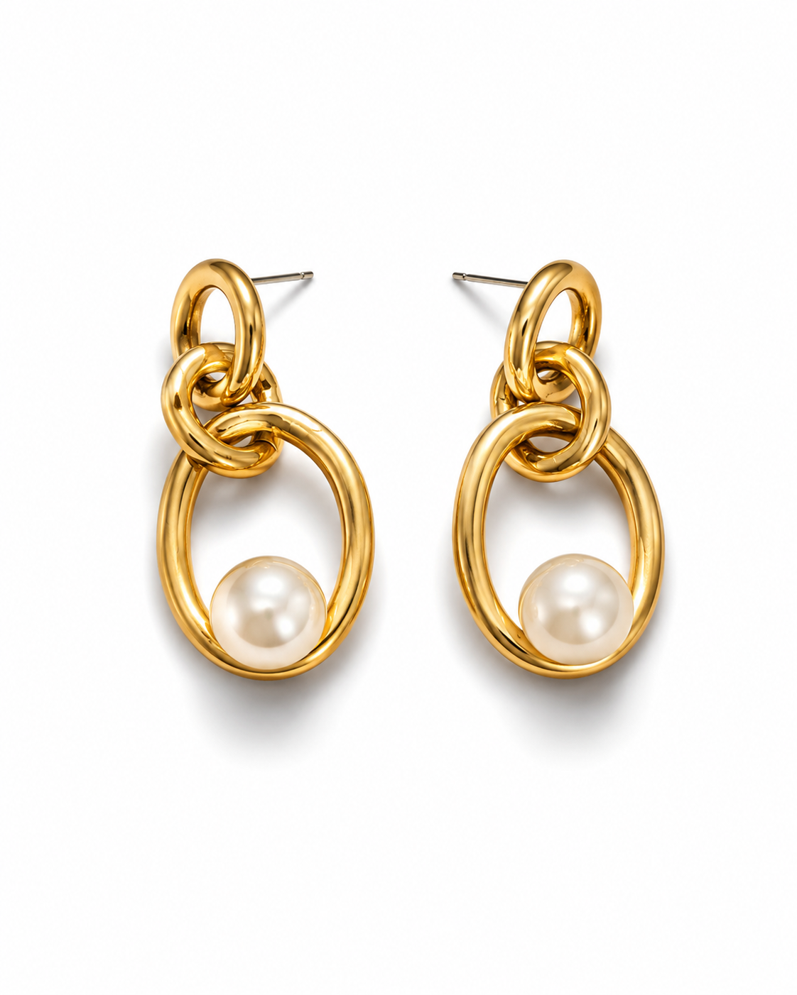 DORIA gold-tone link and pearl drop earrings by Neha Sharma Label, front view showing the post