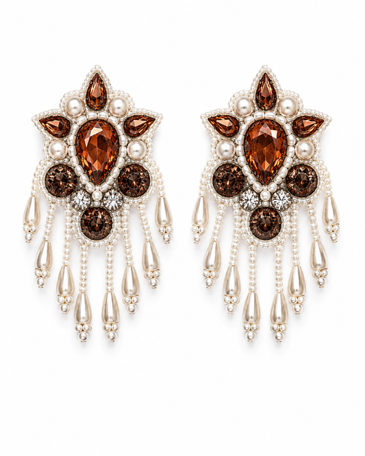 Neha Sharma Label Pearl Praline amber-brown stone chandelier earrings with pearl-finish bead fringe.