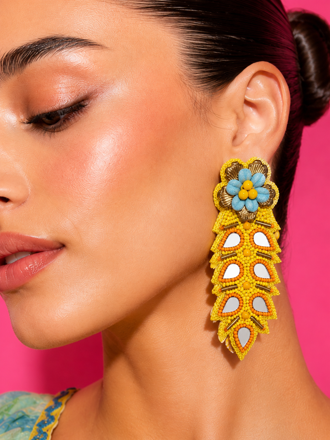 MANGO POP - Yellow Mirror Work Leaf Drop Earrings