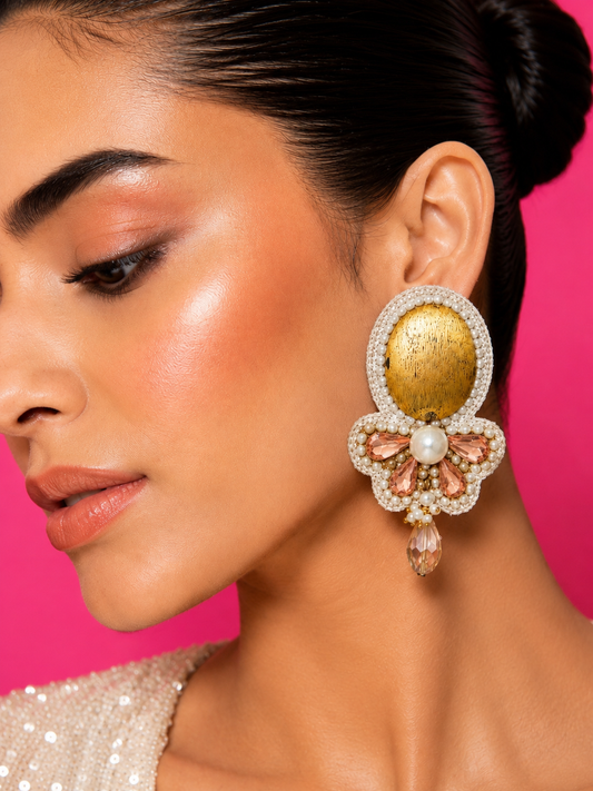 CARAMEL TRUFFLE - Gold-Tone Dome and Amber Stone Drop Earrings