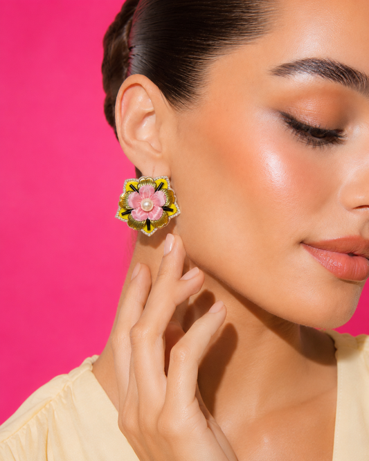 CUPCAKE - Pink and Yellow Flower Stud Earrings