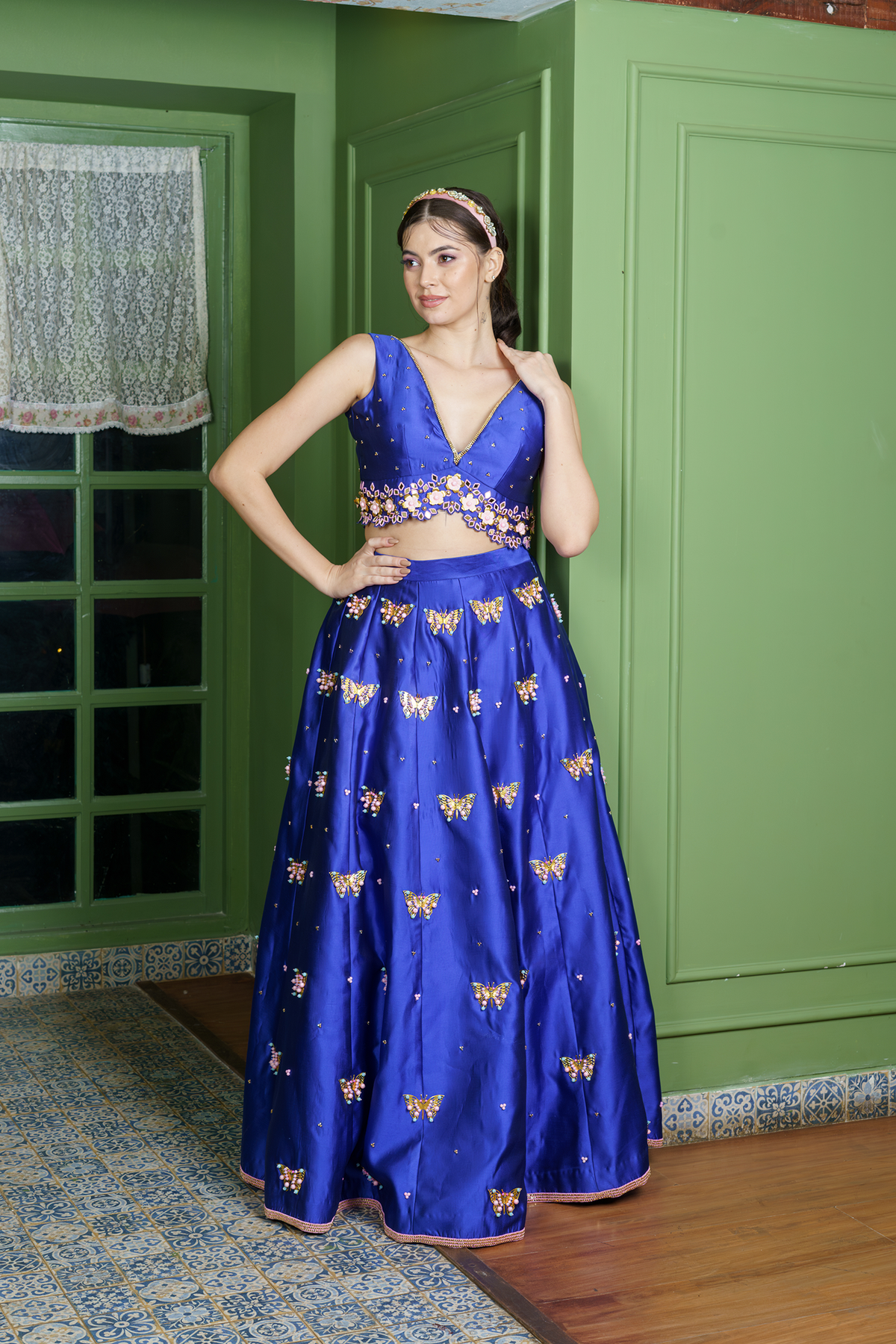 embroidered blouse in royal blue bridal lehenga set
