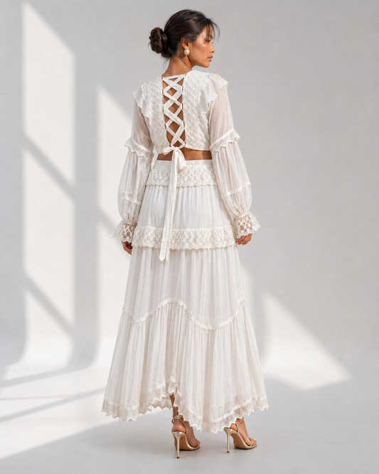 Back view of the MORWENNA ivory crop top showing the criss-cross lace-up back and tie.