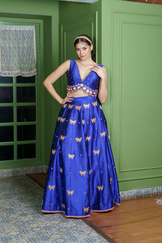 Front view of royal blue bridal lehenga with butterfly embroidery