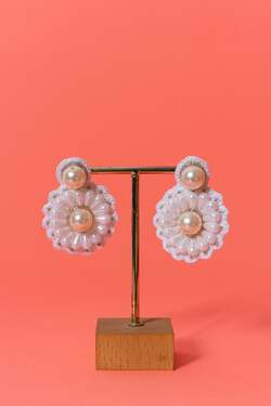 White floral pearl beaded handcrafted earrings