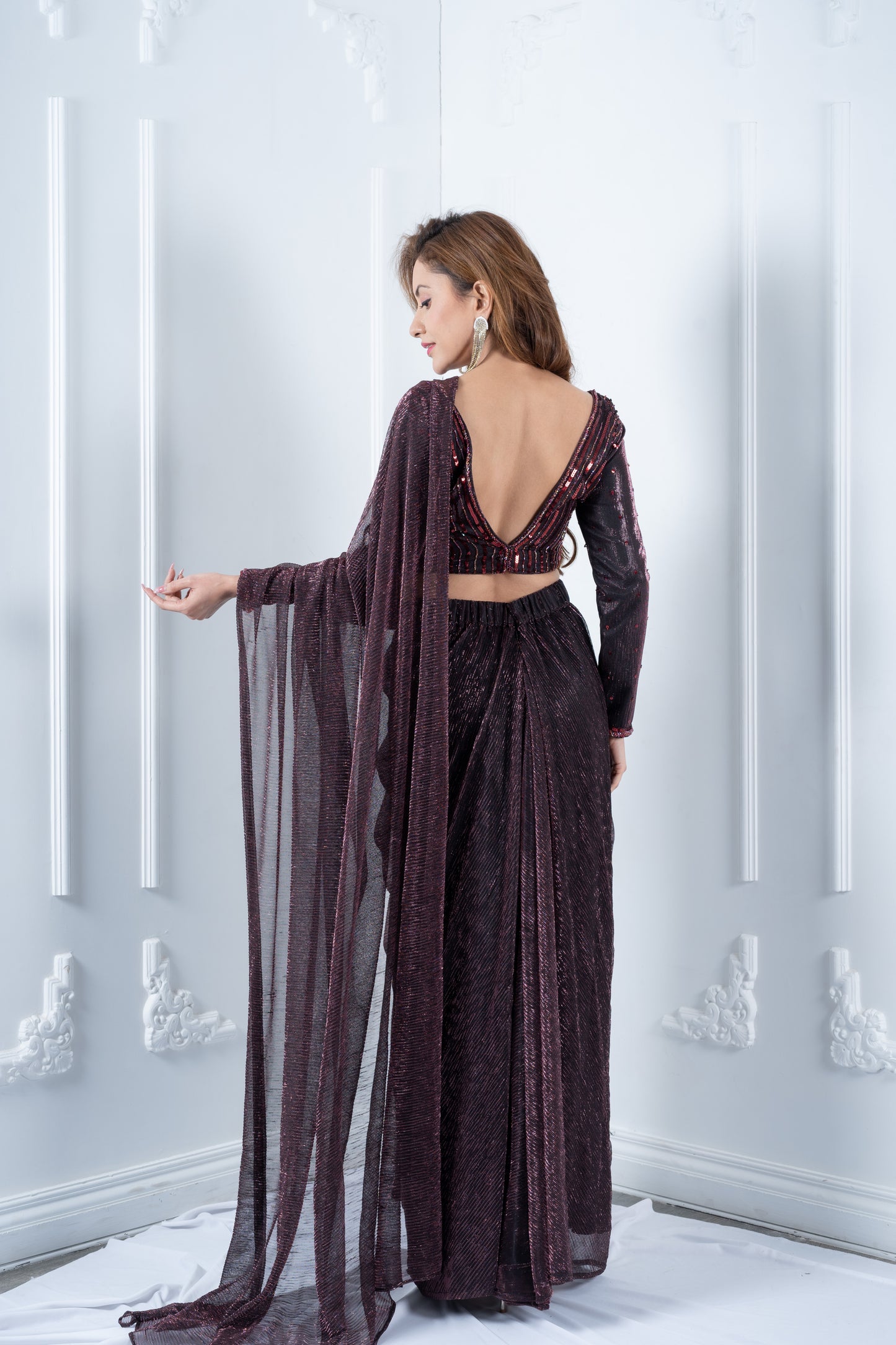 Purple Sequins Blouse with Purple Pleated Drape Saree