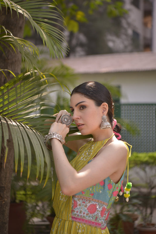 IRA mustard bandhani anarkali with doori shoulder ties, sequin dots and straight printed pants.