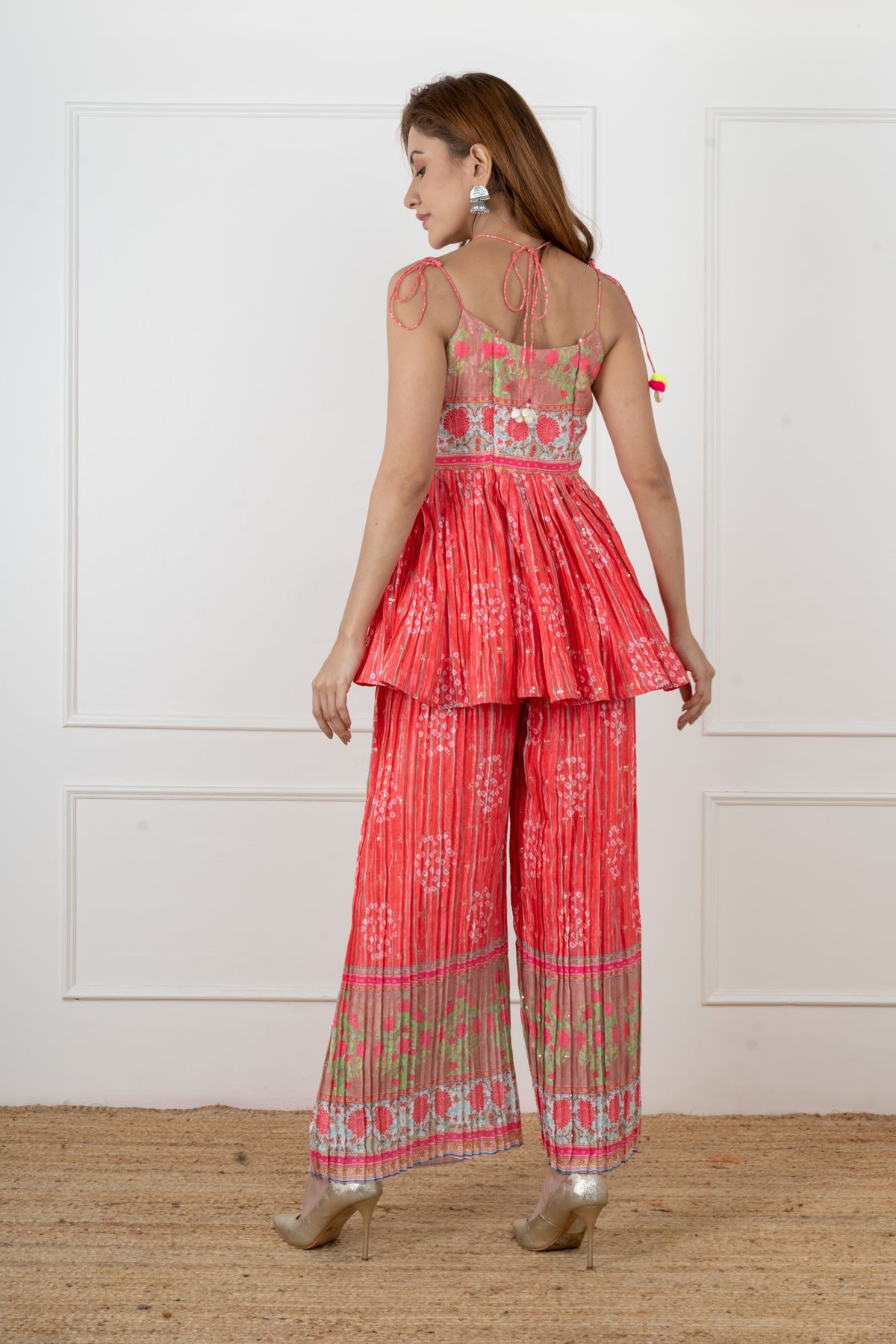 RAYA red bandhani flap kurta set with sequin dots and gathered flap.