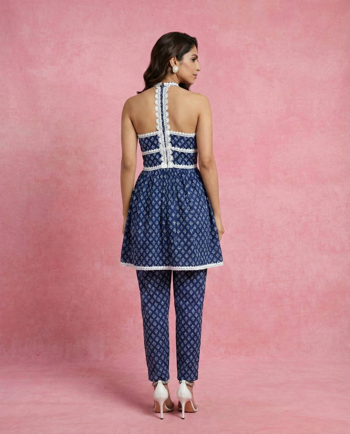 ELIN navy cotton kurta set showing the racerback with lace-framed button placket.