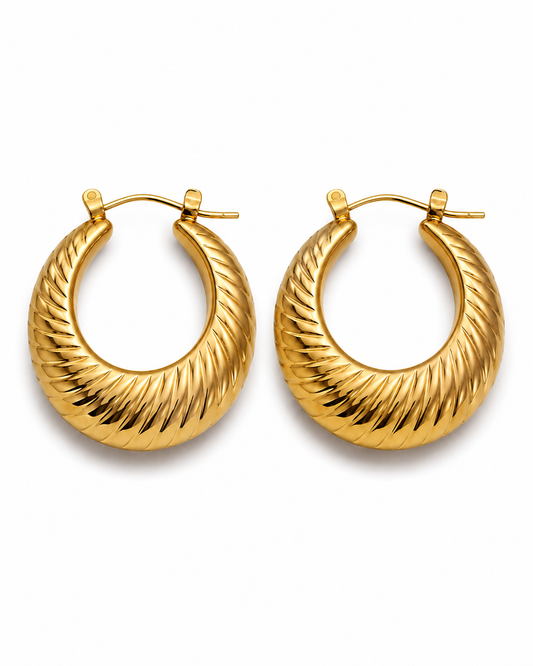 MARIS gold-tone ribbed croissant hoop earrings by Neha Sharma Label, front view showing the hinged latch