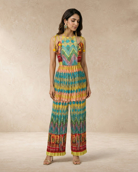 Neha Sharma Label SAFI multicolour silk flap kurta set in a crushed leheriya print.