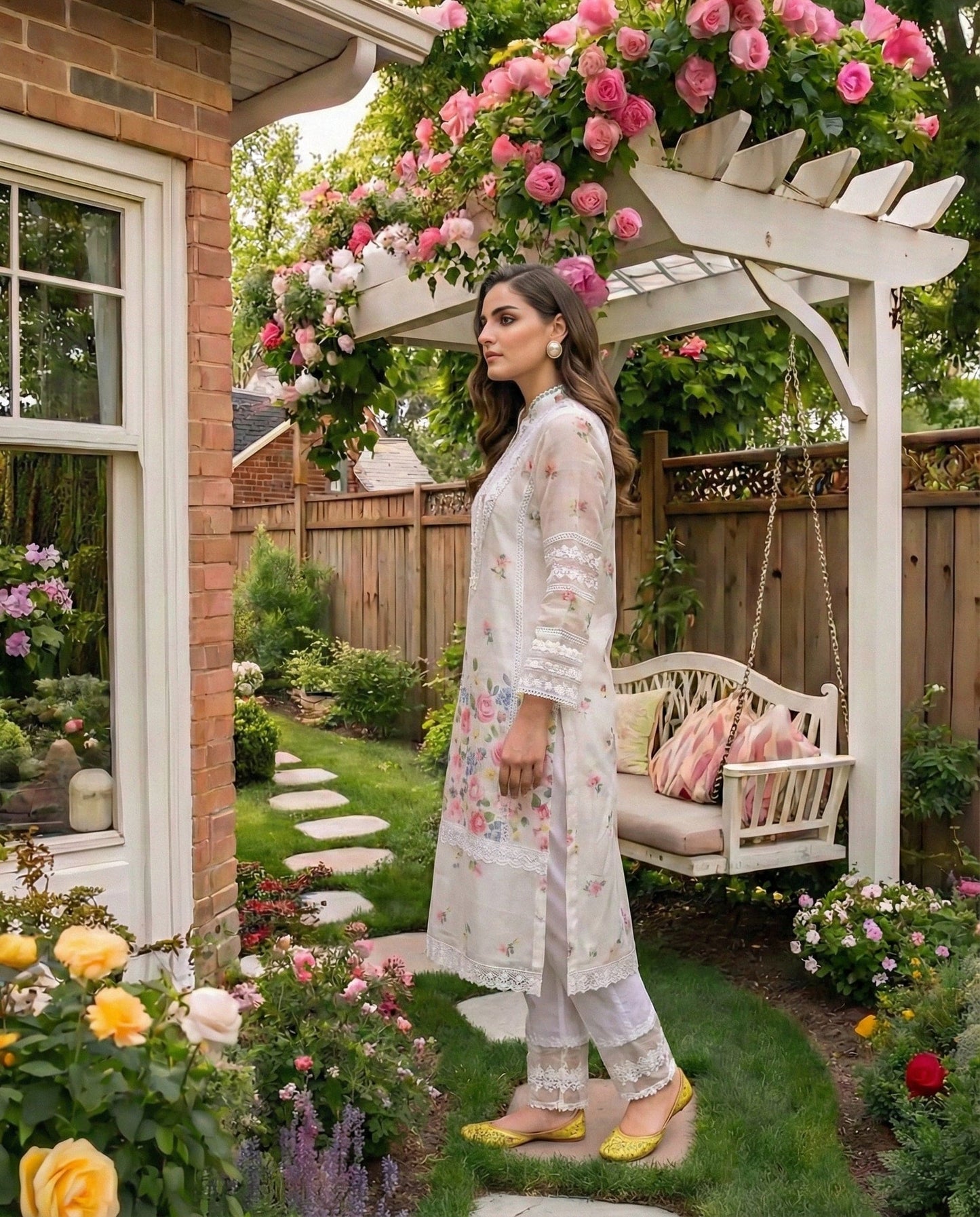 NOOREEN ivory cotton kurta set with chiffon dupatta and lace-trimmed pants by Neha Sharma Label.