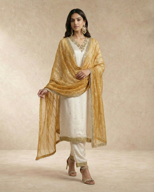 Neha Sharma Label ANWARI ivory kurta set with hand-embroidered gold neckline and gold dupatta.