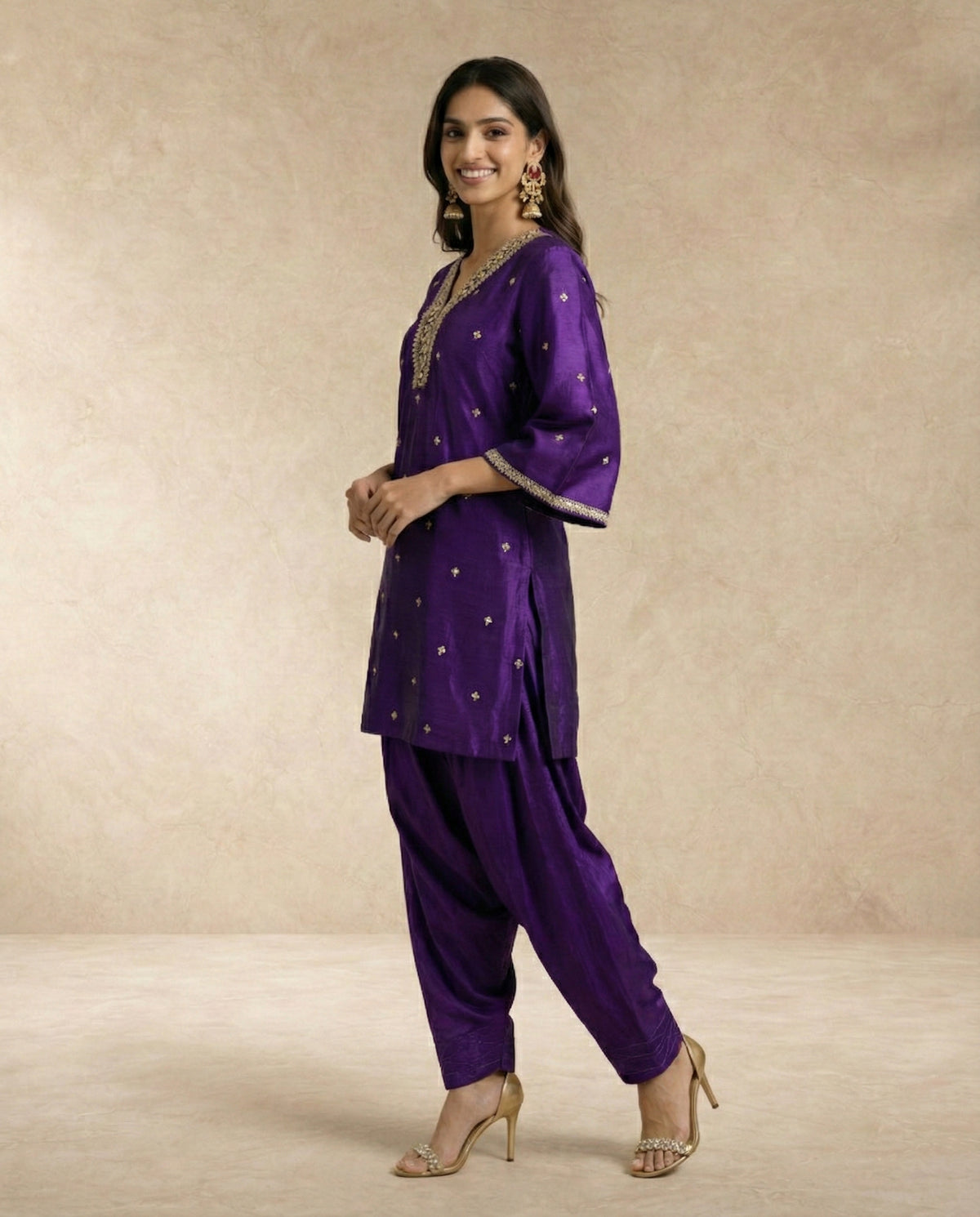 BANAFSHA purple kurta salwar set with sequin-striped dupatta by Neha Sharma Label.