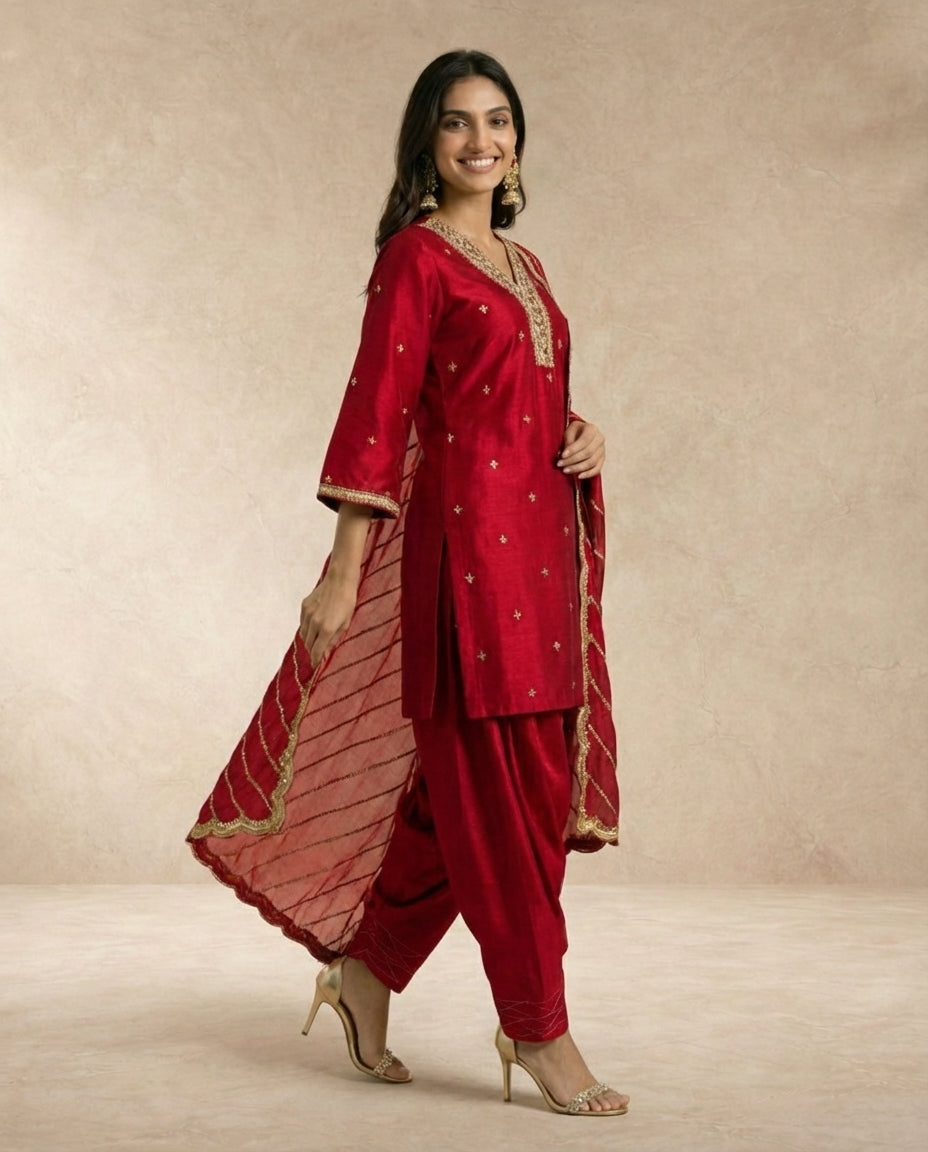 Neha Sharma Label FARHEEN crimson silk kurta salwar set with gold embroidered neckline.