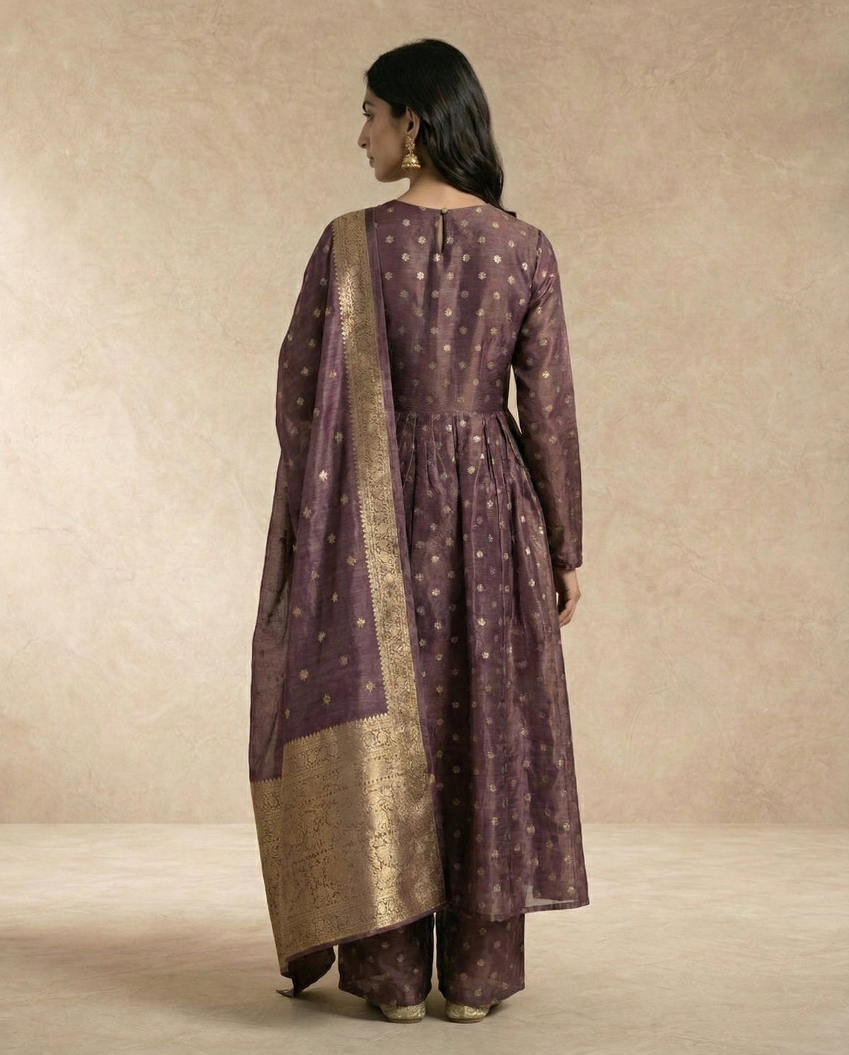 ANAYA mauve anarkali set with broad zari border banarasi dupatta by Neha Sharma Label.