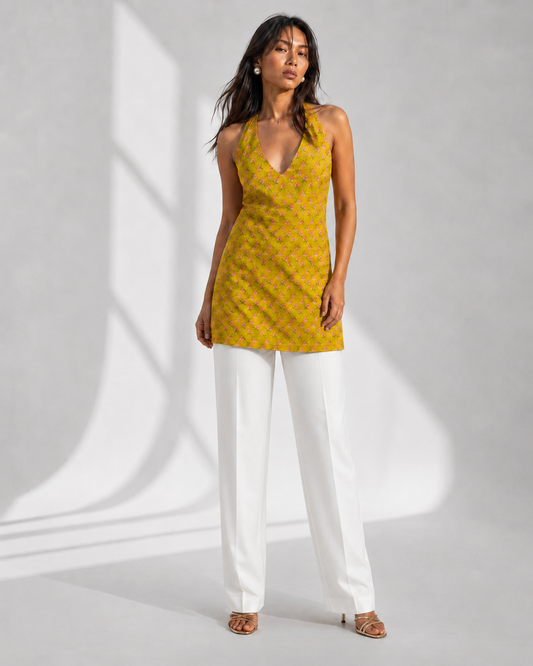 LIVARA mustard floral buti print halter kurti by Neha Sharma Label