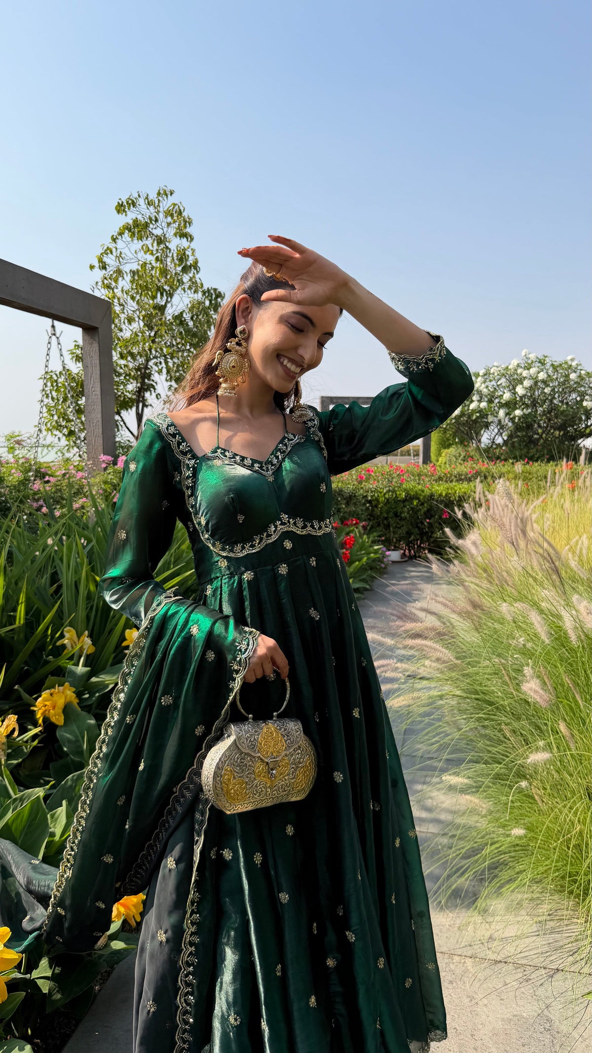 YASMIN bottle green silk organza three-piece anarkali set by Neha Sharma Label.