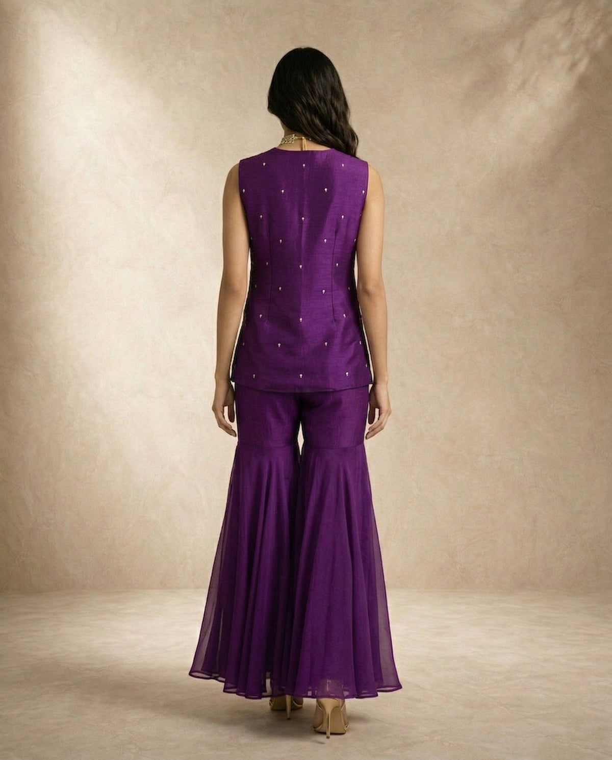 HIYA purple silk top and flared gharara by Neha Sharma Label, festive occasion wear.
