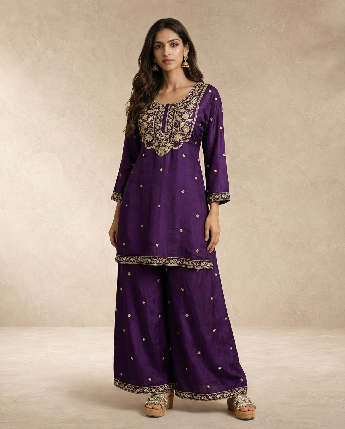 ZOYA aubergine silk kurta set with gold embroidered hem border by Neha Sharma Label.