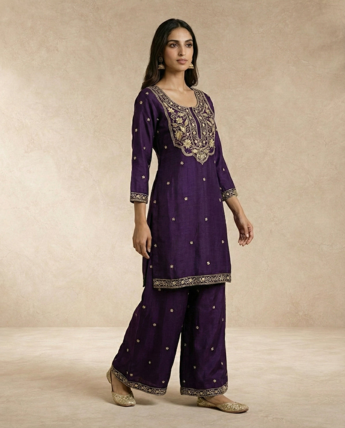 ZOYA aubergine silk kurta with three-quarter sleeves and embroidered cuffs by Neha Sharma Label.