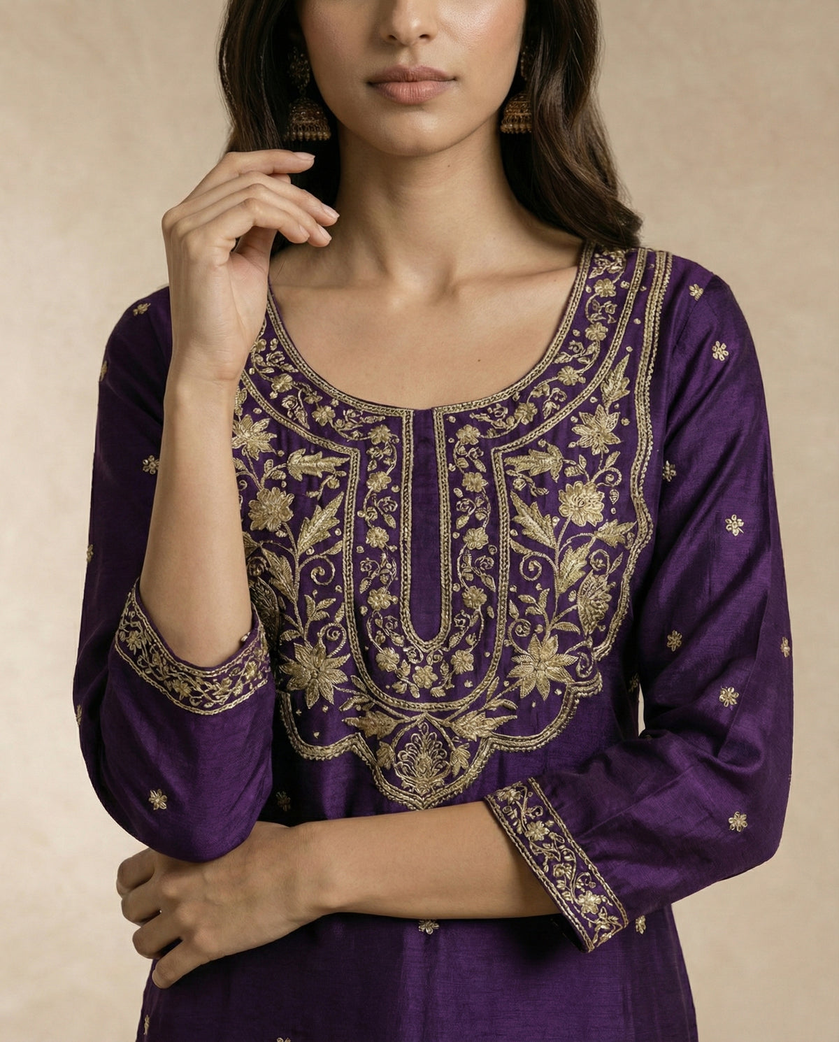 ZOYA aubergine silk kurta set with wide-leg palazzo and gold embroidered borders by Neha Sharma Label.