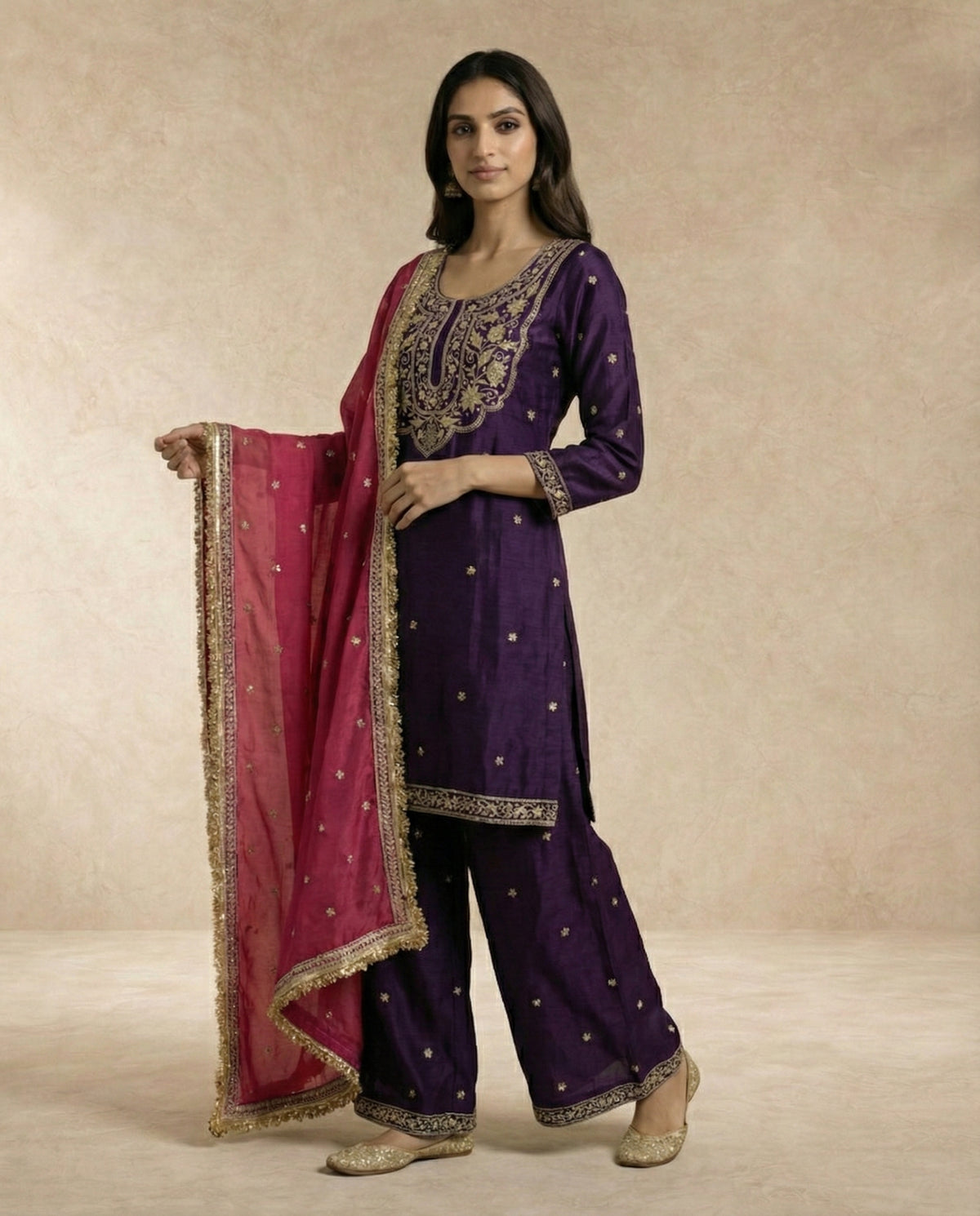 ZOYA aubergine silk kurta with gold embroidered yoke and scattered gold butis by Neha Sharma Label.