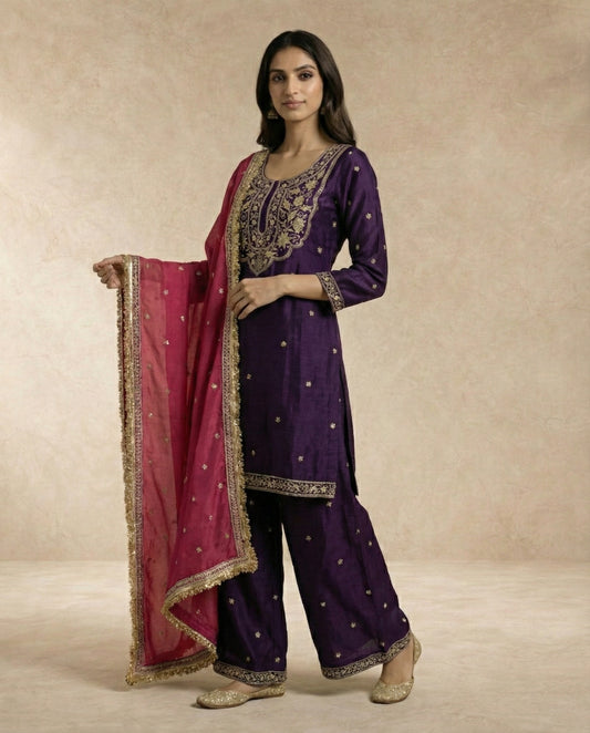 ZOYA aubergine silk kurta with gold embroidered yoke and scattered gold butis by Neha Sharma Label.