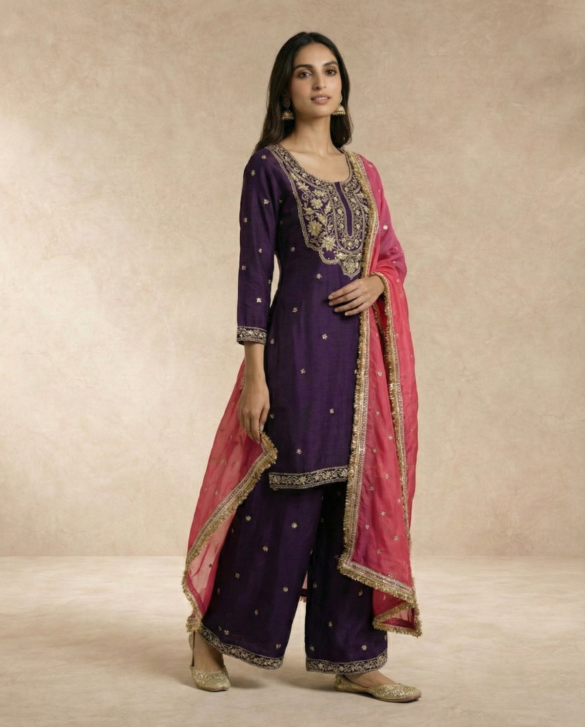ZOYA aubergine embroidered kurta set with laced-up back detail by Neha Sharma Label.