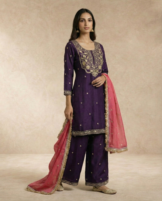 Neha Sharma Label ZOYA aubergine silk kurta set with gold embroidered yoke and rosewood tissue dupatta.