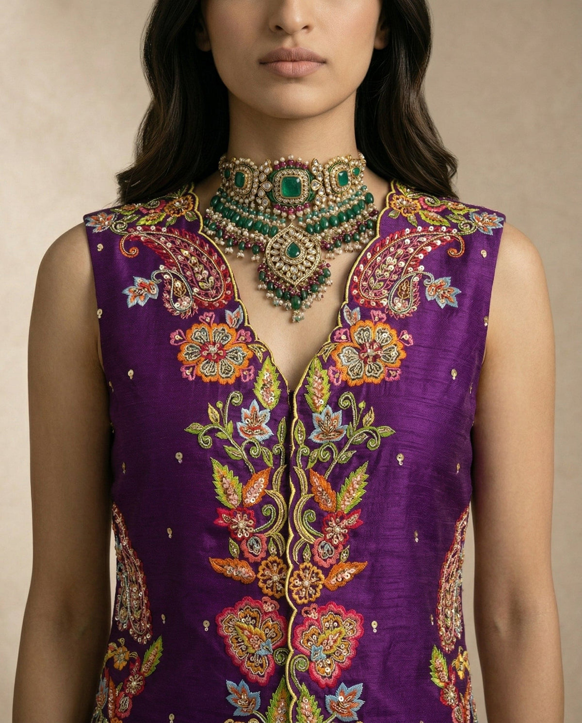 Embroidered detailing on the HIYA purple silk sleeveless top by Neha Sharma Label.