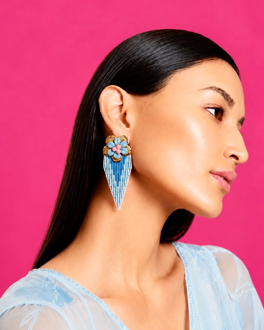 BLUEBELL FROST - Blue Beaded Fringe Drop Earrings