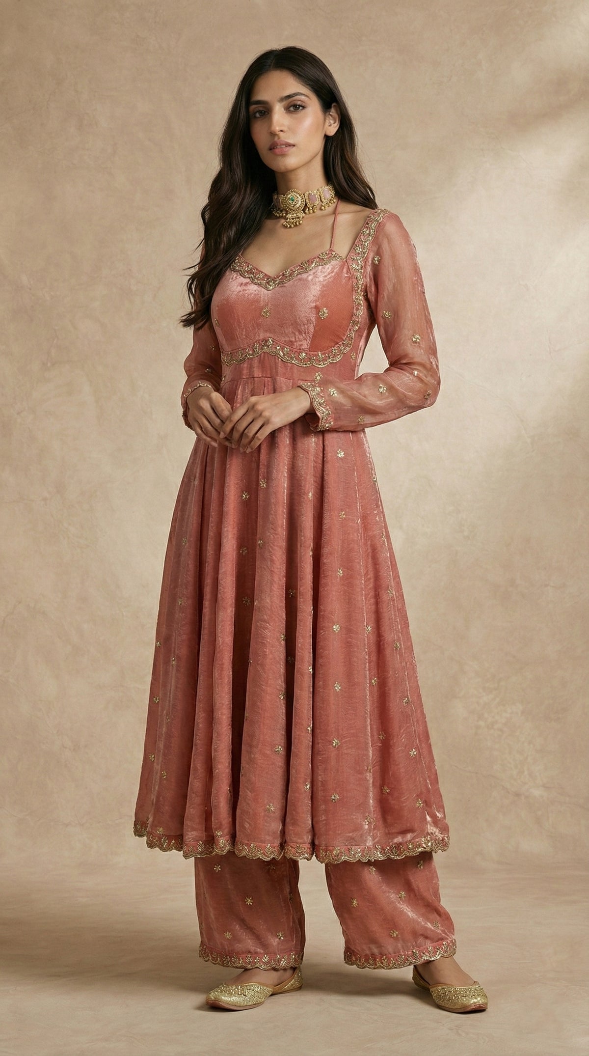 Tie-up back with pearl drops on the RUHANI dusty rose anarkali by Neha Sharma Label.