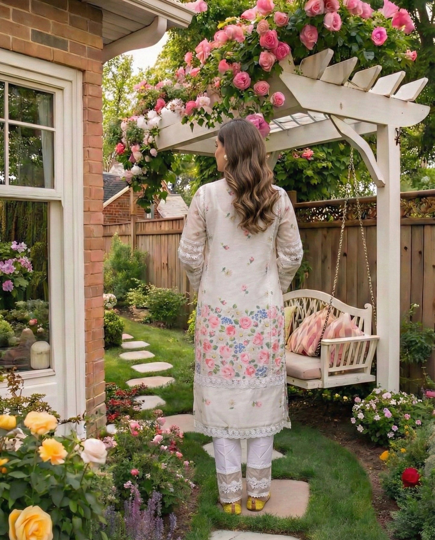 NOOREEN ivory floral kurta with tiered lace sleeve bands and side slits by Neha Sharma Label.