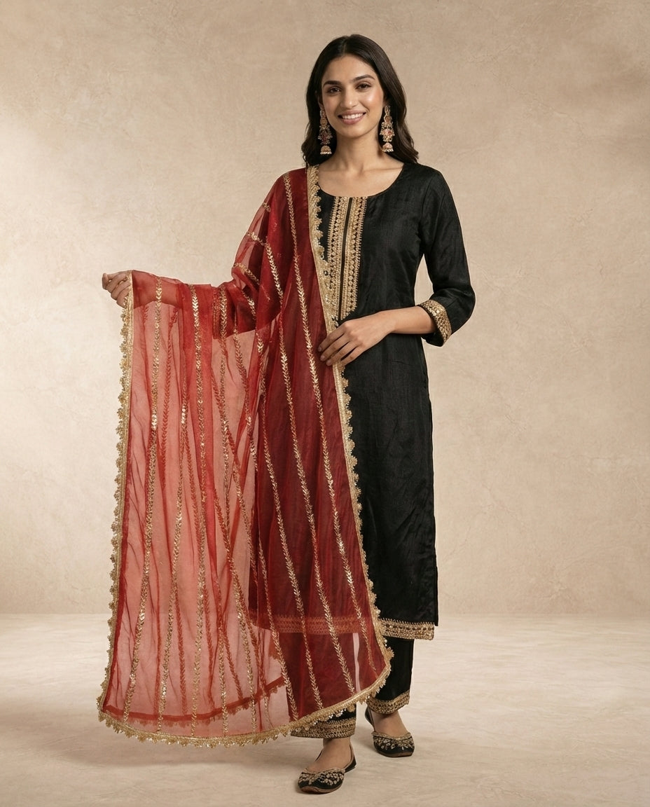 The NOORI red tissue silk dupatta held wide, showing its gold embroidery and scalloped edge.