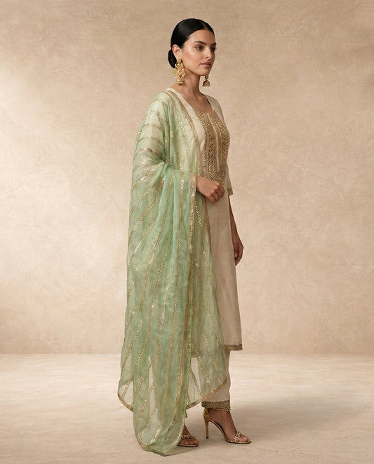 Neha Sharma Label AFREEN ivory banarasi silk kurta set with mirror embroidered neckline and mint tissue dupatta.
