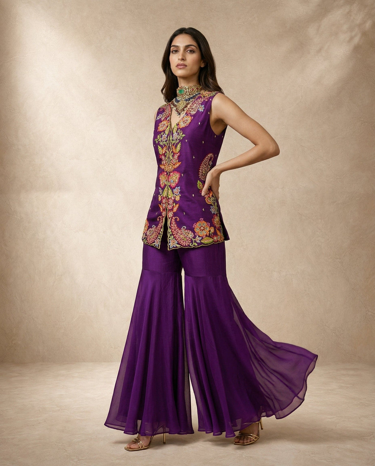HIYA purple gharara set with multicolour floral embroidery by Neha Sharma Label.