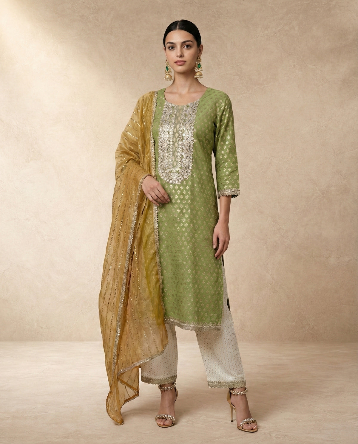 ZUBAIDA ivory straight pants with fine gold dots and gold lace border by Neha Sharma Label.