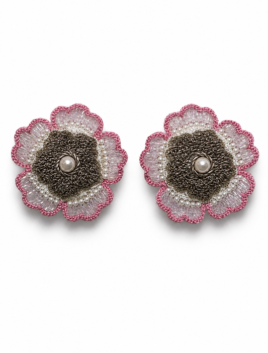Neha Sharma Label Rose Truffle lilac and pink beaded flower stud earrings with pearl-finish accents.