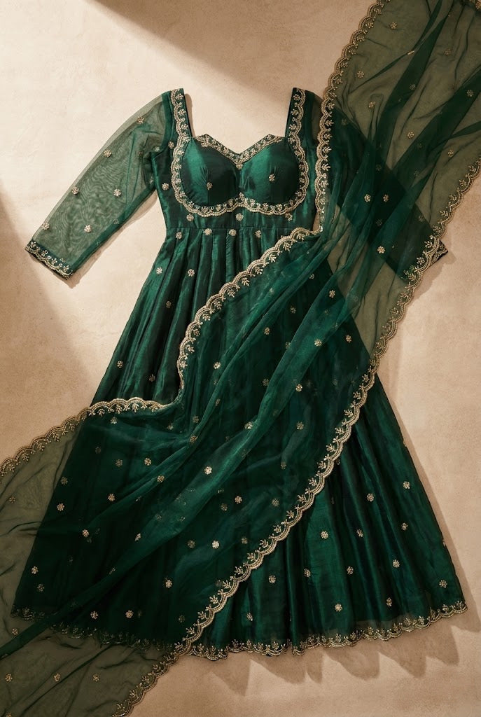 YASMIN bottle green anarkali with tie-up back and pearl drops by Neha Sharma Label.