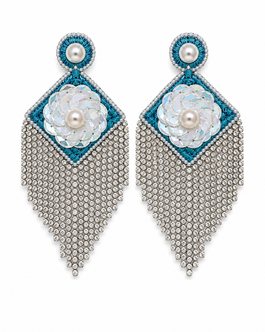 Neha Sharma Label Blue Macaron teal chandelier earrings with sequin flower and stone fringe.