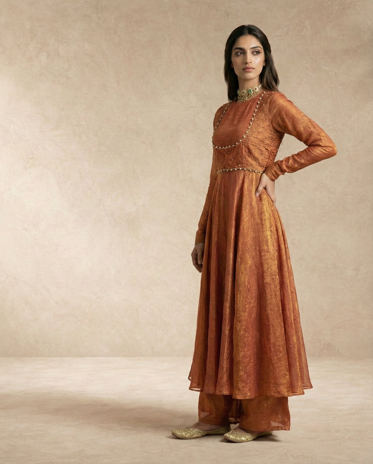 AMAIRA terracotta anarkali set with gota-edged dupatta by Neha Sharma Label.