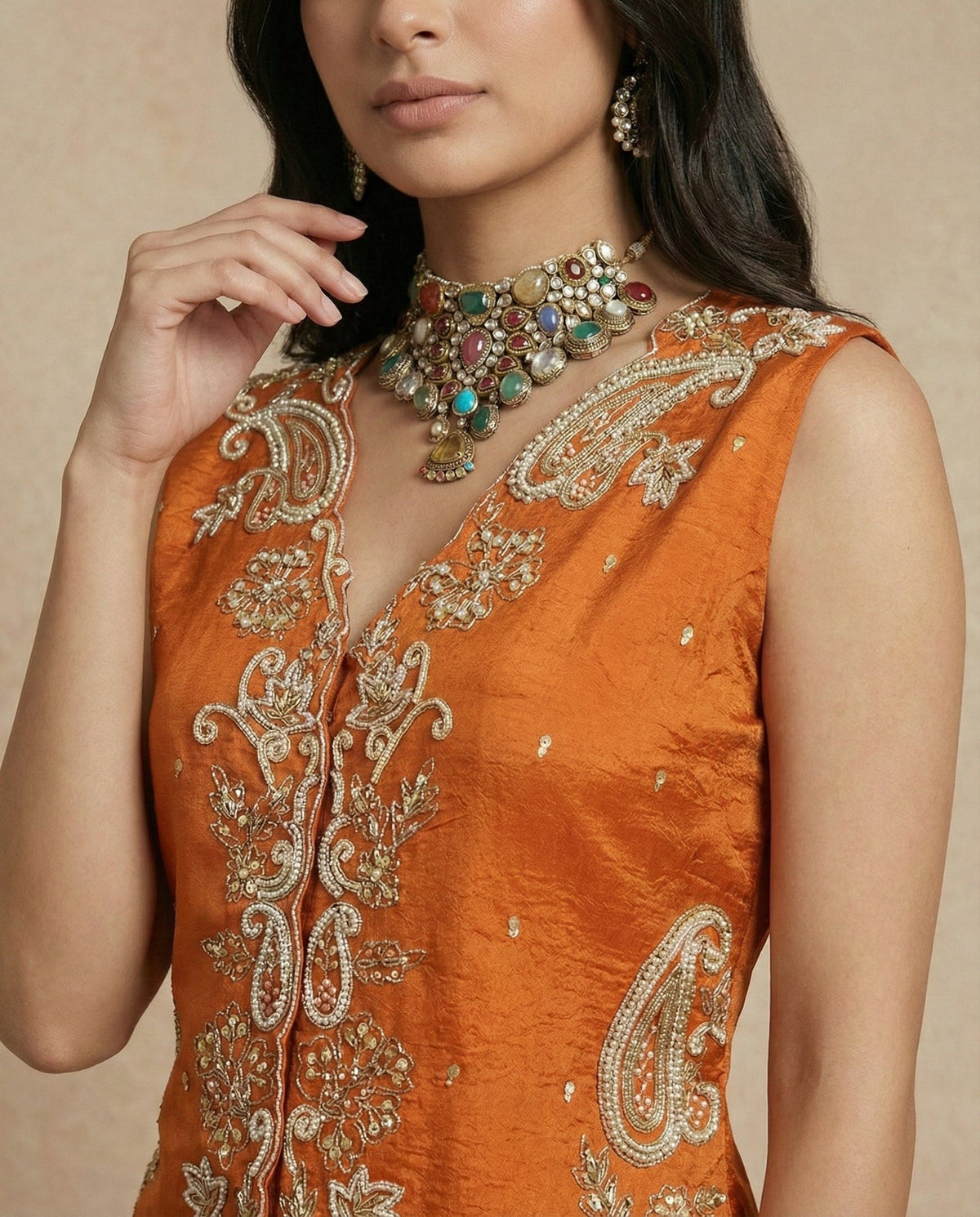 Model wearing the SHAHNAZ rust silk embroidered top and wide-leg pants by Neha Sharma Label, front view.