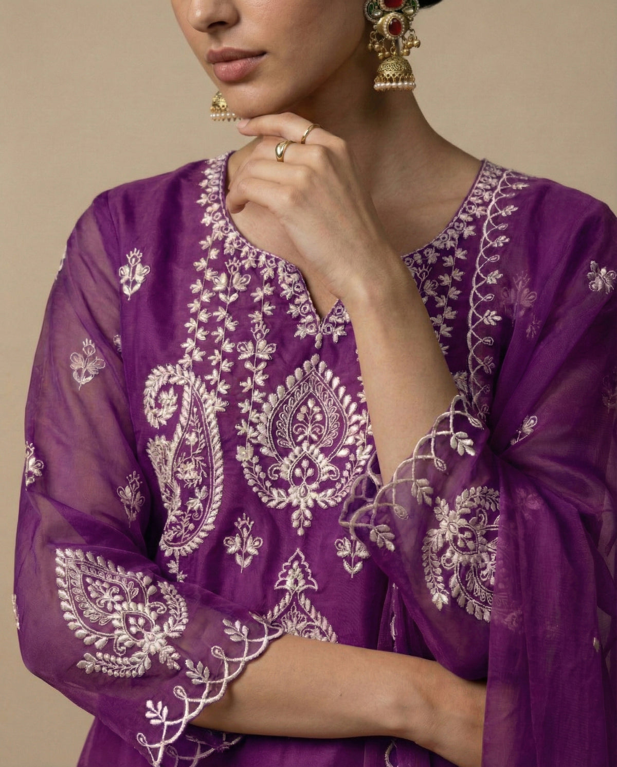 AFSHEEN purple sheer organza kurta with embroidered palazzo pants by Neha Sharma Label.